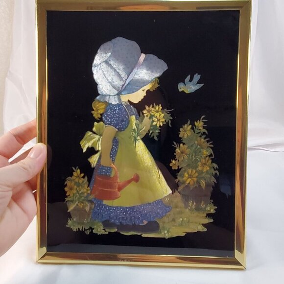 VTG 1951 Holly Hobbie Foiled Picture Tinsel Wall Art With Gold Frame Americana - Picture 5 of 16